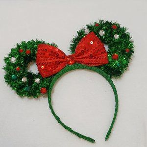 Handmade Mouse Ear Headbands – Green Christmas Wreaths